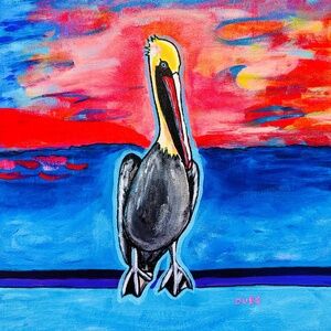 Original Painting Abstract Collectible Pelican On A Pier Ocean Sunset 12" x 12"